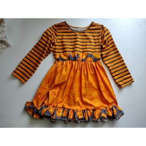 Girls Halloween Pumpkin Striped Long Sleeve Ruffle Dress Orange Black 4T